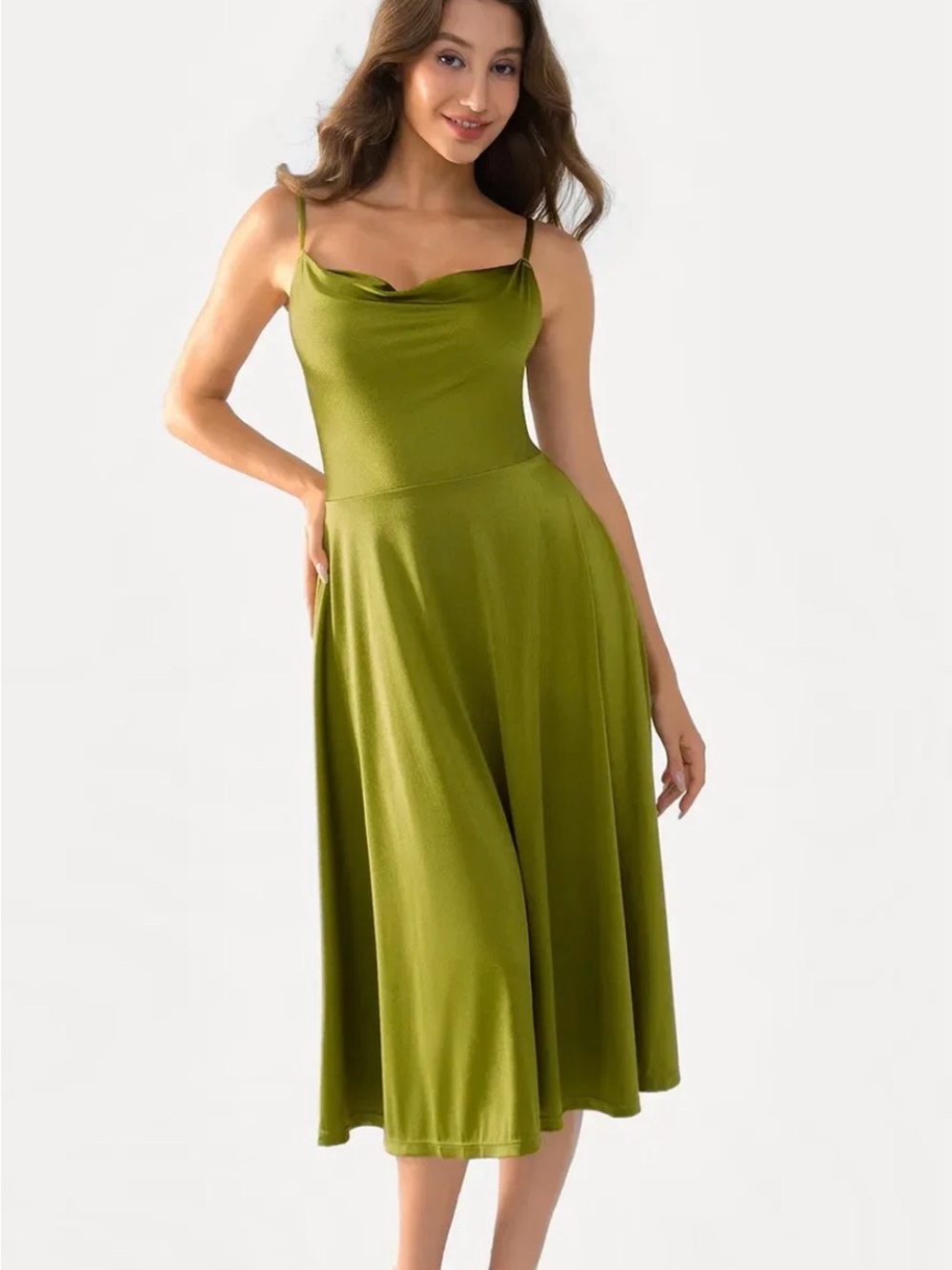NWT Popilush Shapewear Olive 🫒 Green Cowl Neck Midi Dress fit & flare
